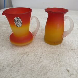 Pilgrim Pitcher / Creamer Set Peachblow Satin Glass Hand Blown Mid-Century